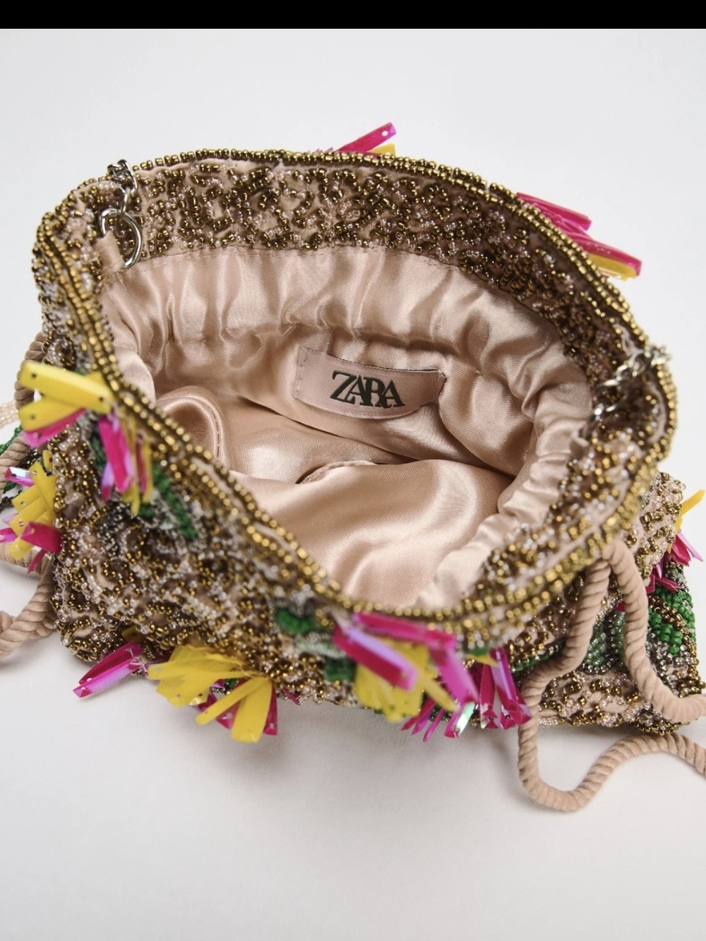 Zara Pink Beaded Drawstring Bag with Yellow & Green Tassels